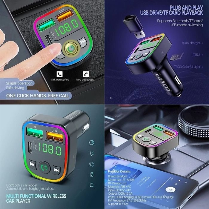 ⁦مشغل MP3 لاسلكي للسيارة Earldom ET-M103 بتقنية البلوتوث مع شحن سريع 3.1 أمبير وجهاز إرسال FM⁩ - الصورة ⁦2⁩